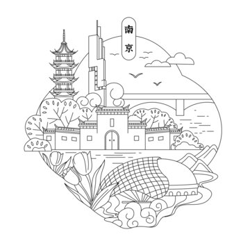 南京冰箱贴矢量插画线描