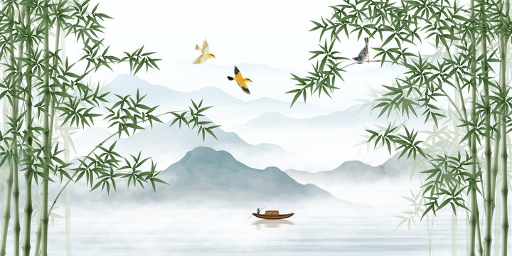 湖光秀景意境山水竹子背景墙