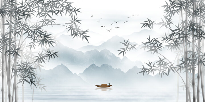 新中式湖光秀景水墨竹子背景墙