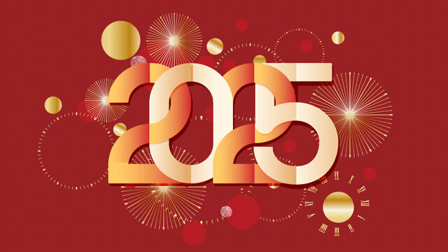 矢量2025新年烟花节日红色背景海报