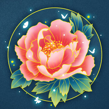 手绘新中式牡丹花卉插画