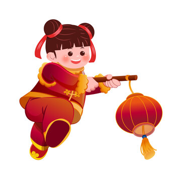新年春节过年元旦女孩挑灯笼人物