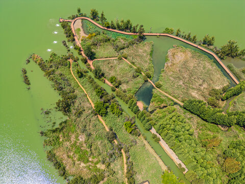 航拍昆明滇池捞鱼河湿地公园景观