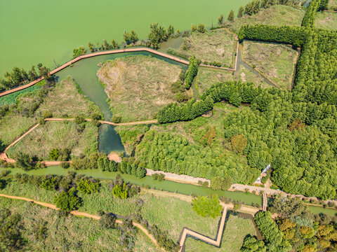 航拍昆明滇池捞鱼河湿地公园景观