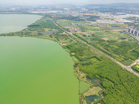 航拍昆明滇池捞鱼河湿地公园景观