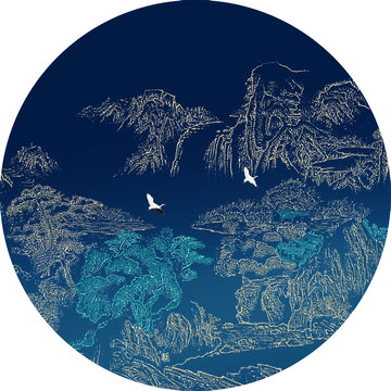 禅意中式圆形线描山水瑞鹤图