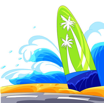 扁平风海边冲浪背景元素素材插画设计