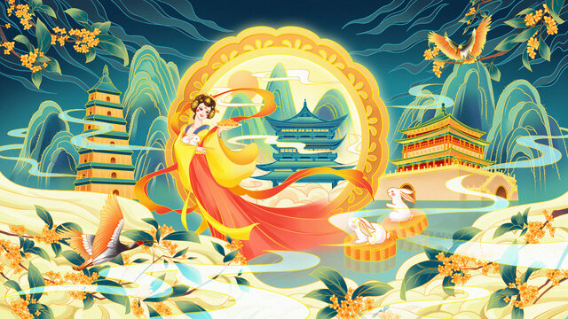 国潮中秋月饼包装插画海报