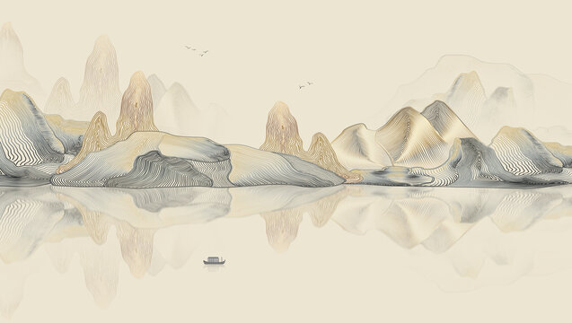 线条新中式山水画