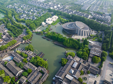航拍江南水乡乌镇大剧院