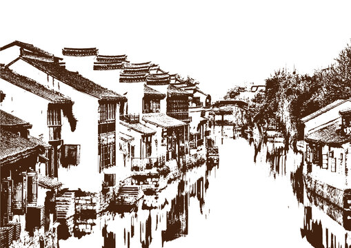 乌镇古镇江南水乡民居底纹素描版画矢量图案