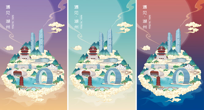 湖州地标建筑国潮城市旅游插画