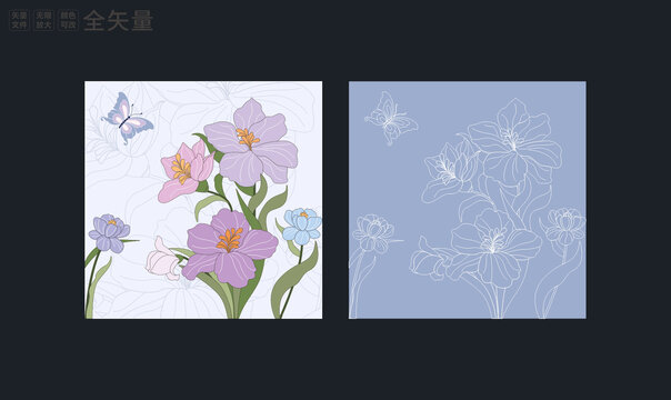 矢量鸢尾花蝴蝶花插画