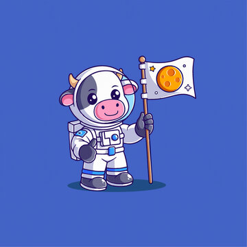 可爱花花牛宇航员登月矢量Q版卡通插画
