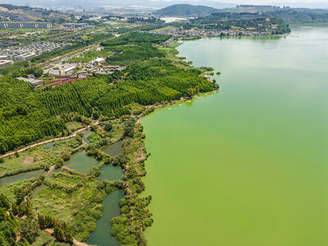 航拍昆明滇池捞鱼河湿地公园景观