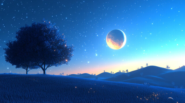 梦幻夜晚景观与弯月
