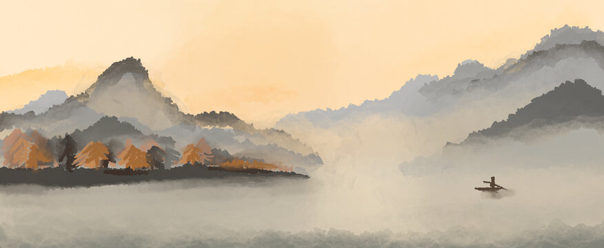 新中式手绘山水分层装饰画