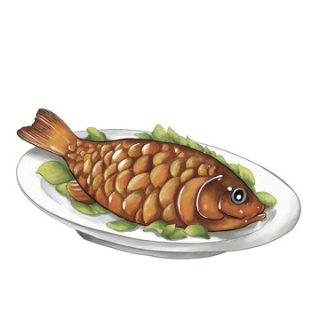 水彩插画红烧鱼