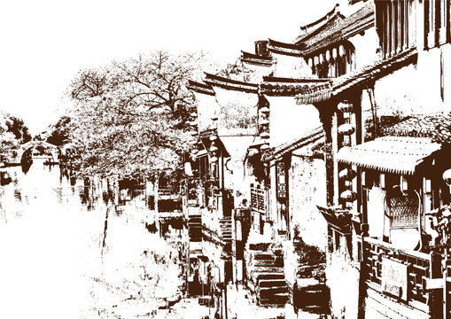 乌镇古镇江南水乡民居底纹素描版画矢量图案
