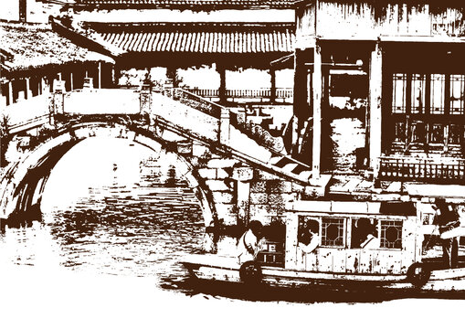 江南水乡古镇民居底纹素描版画矢量素材