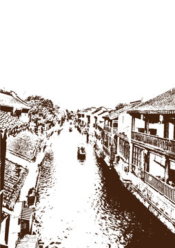 江南水乡古镇民居底纹素描版画矢量素材