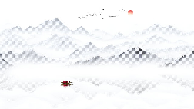 现代水墨山水画背景墙