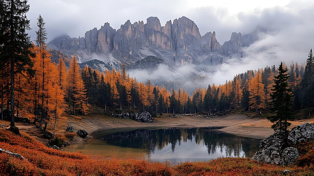 多洛米蒂山脉秋日湖畔美景