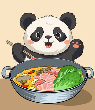 卡通熊猫吃火锅