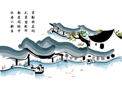 苏州园林水墨画矢量图