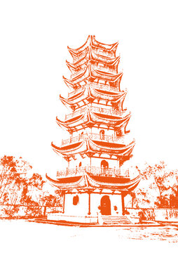 古建筑寺庙塔楼底纹素描版画矢量图