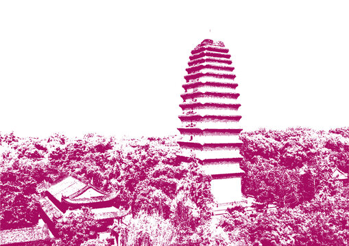 西安小雁塔楼老建筑底纹素描版画矢量图