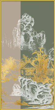 新中式线描山水古建筑玄关装饰画背景墙