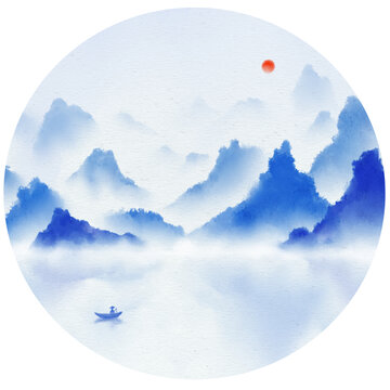 写意国风水墨落日垂钓山水画