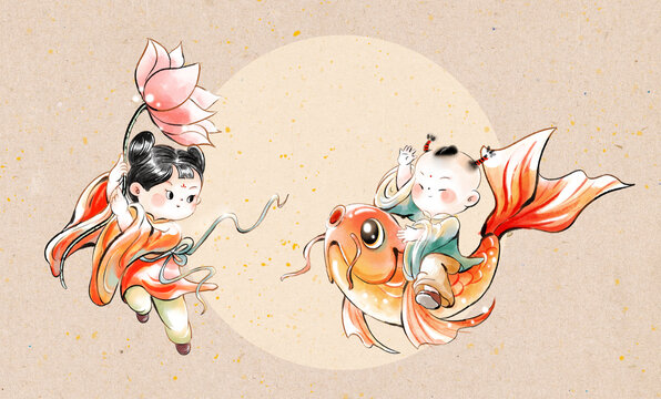 莲年有鱼春节插画