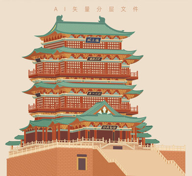 江西南昌景点地标古建筑滕王阁建筑插画素材