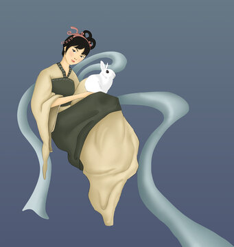 古代女子抱着兔子坐姿工笔插画