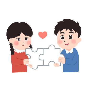 手绘卡通创意拼图相亲免抠元素