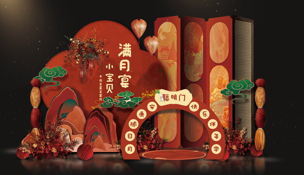 2025中式生日派对背景满月周岁宴