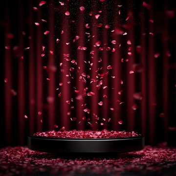 暗红色舞台上飘落的玫瑰花瓣