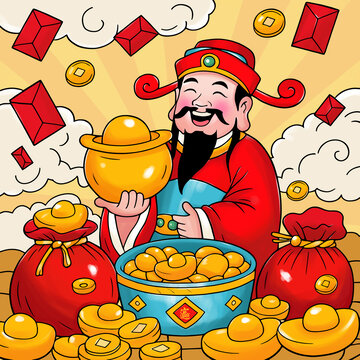 财神插画元宝钱袋子财神爷新封面红包