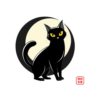 矢量插图动物简约黑猫弯月