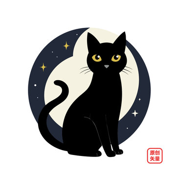 矢量插图动物简约黑猫弯月