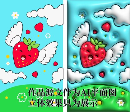 爱心草莓膨胀风插画壁纸