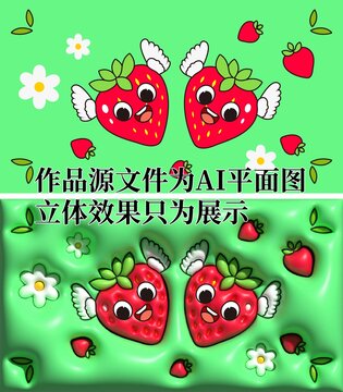 膨胀风插画壁纸爱心草莓