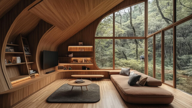 森林景观现代木屋客厅