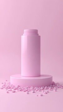 粉红色化妆品瓶摆放在粉红色底座上
