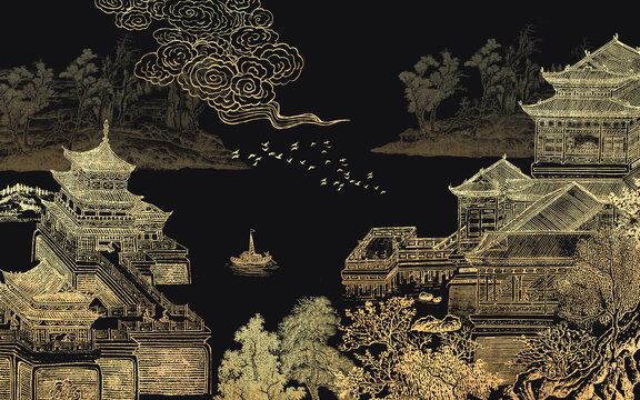 黑金线条刺绣楼阁山水壁画