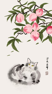 手绘水墨桃子装饰画
