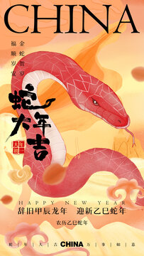 2025蛇年新春新年喜庆插画海报