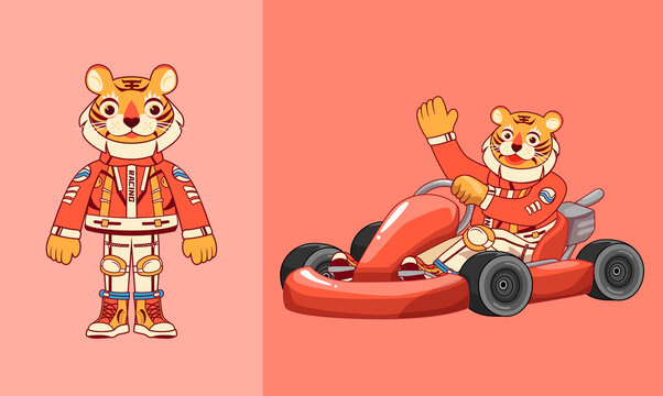 卡通老虎卡丁车车手赛车手矢量插画
